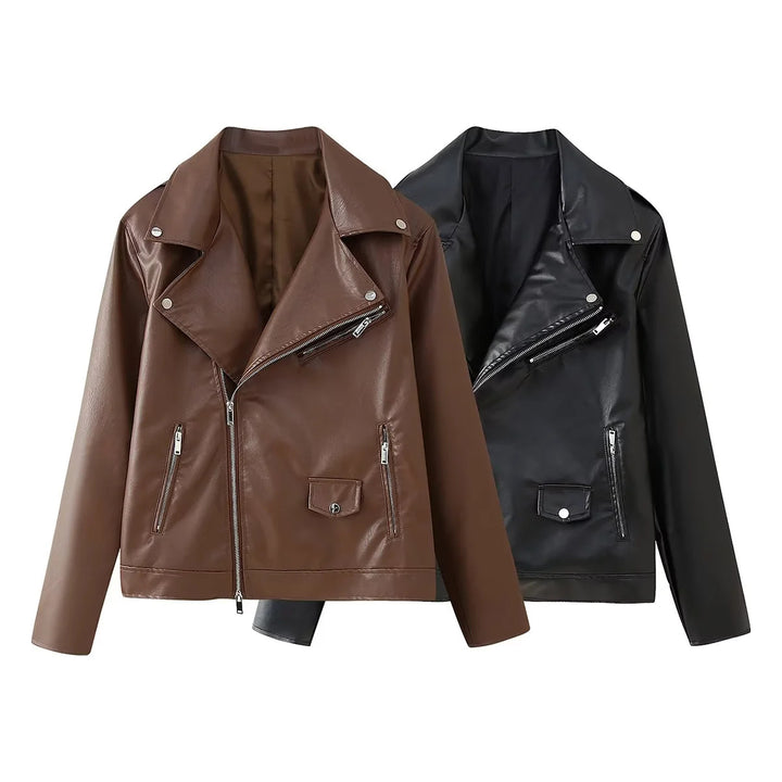 Damen nan taillierte Kunstleder-Bikerjacke mit asymmetrischem Reißverschluss, breitem Revers und Zier-Tasche Drune