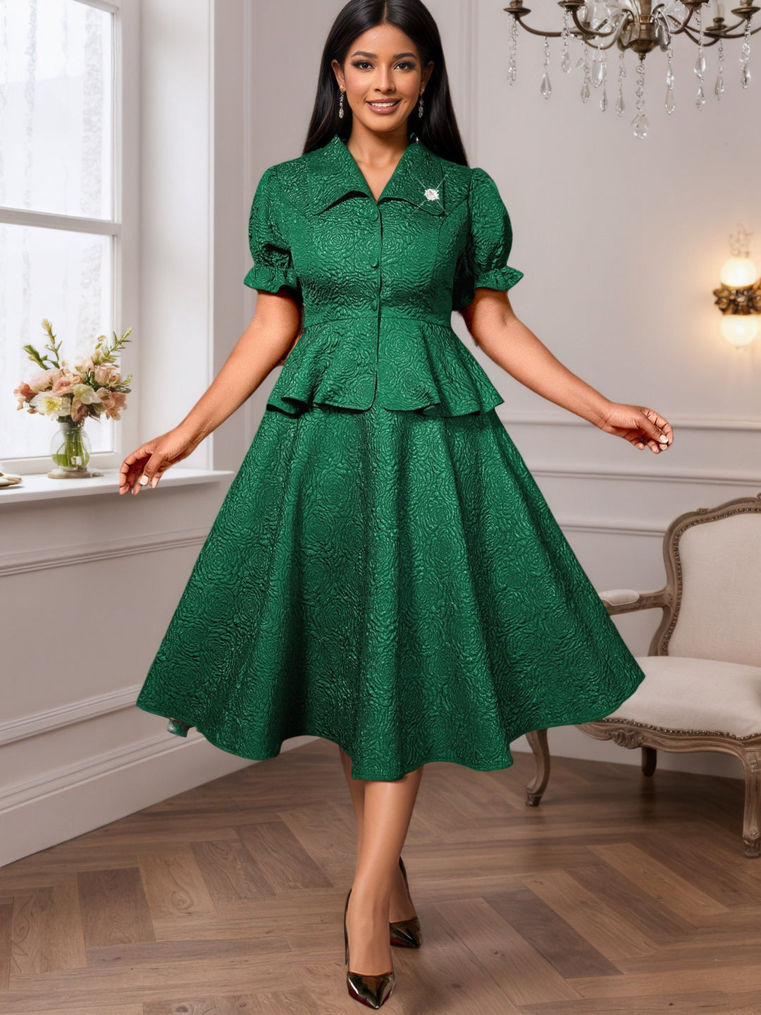 Damen elegantes Kleid mit Vintage-Details und voluminösem Rock Drune