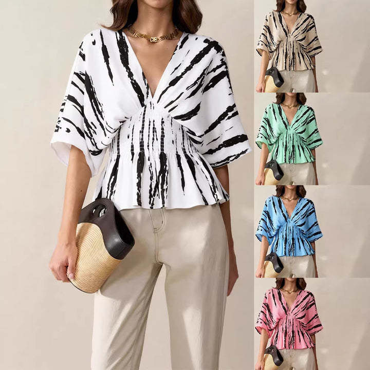 Damen V-Ausschnitt Bluse mit weitem Schnitt und Raffung Drune