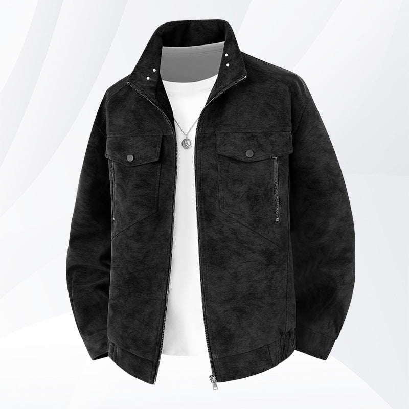 Herren  Faux-Suede Strukturierte Stehkragen-Zip-Jacke mit schrägen Brusttaschen Drune