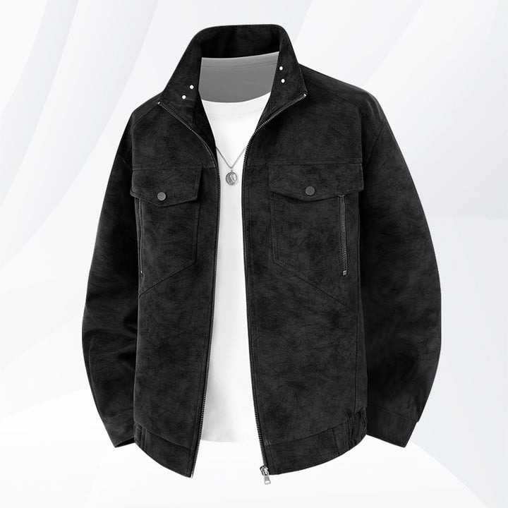 Herren  Faux-Suede Strukturierte Stehkragen-Zip-Jacke mit schrägen Brusttaschen Drune