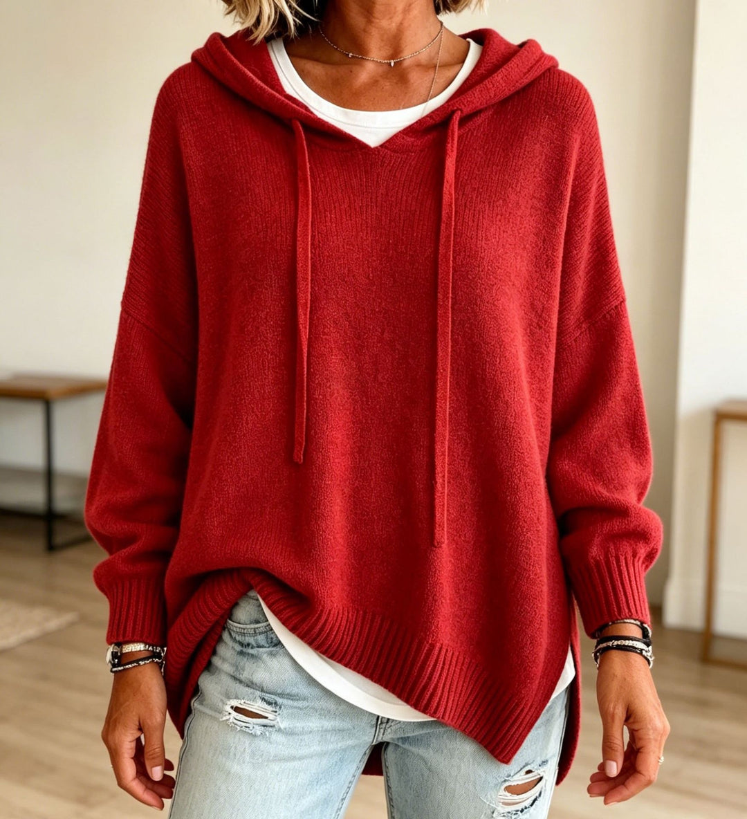 Damen Oversize-Kapuzensweater aus feinem Strick mit gerippten Bündchen Drune