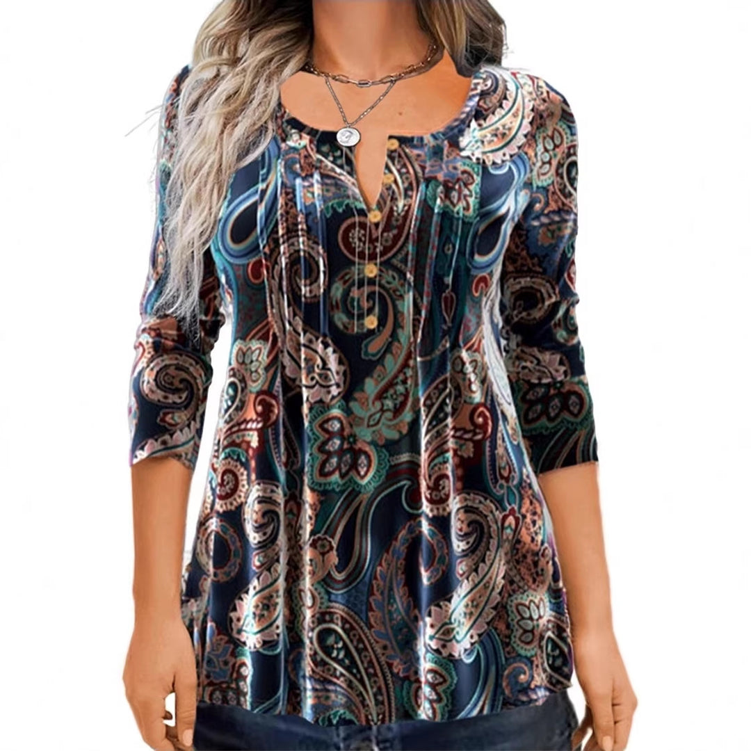 Damen Paisley Tunika mit 3/4 Ärmeln, Falten und Knopfblende Drune