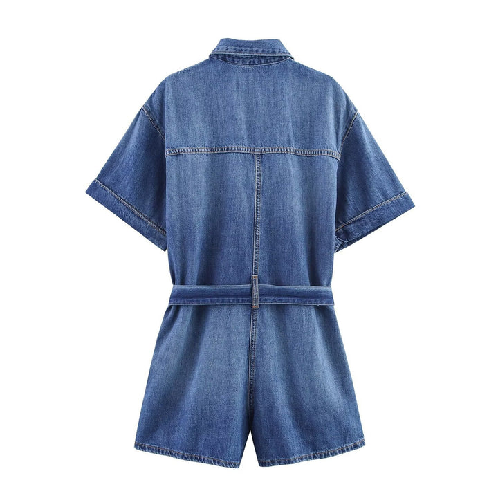 Damen Jeanshemdkleid mit elegantem Gürtel und kurzen Ärmeln Drune