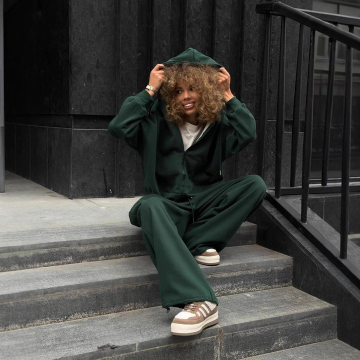 Damen oversized Kapuzenjacke mit Reißverschluss und weiten Jogginghose Lounge-Set Drune