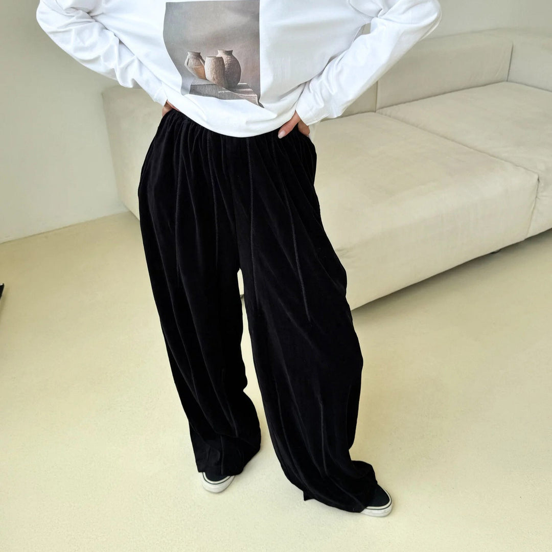 Damen weite Velours-Hose mit elastischem Bund und praktischen Seitentaschen Drune