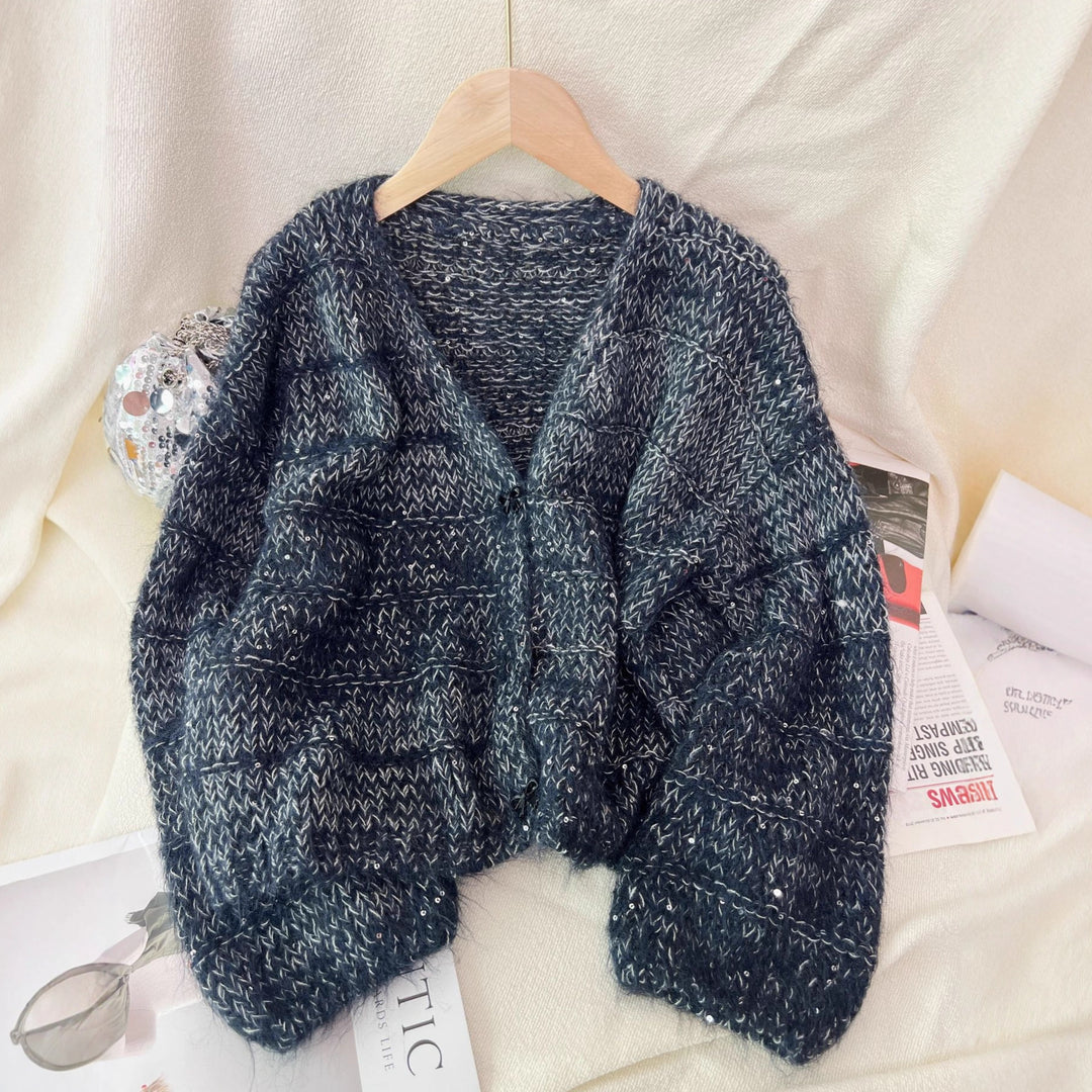 Damen luftige Strickjacke mit ballonärmel und zarten Knopfdetails Drune