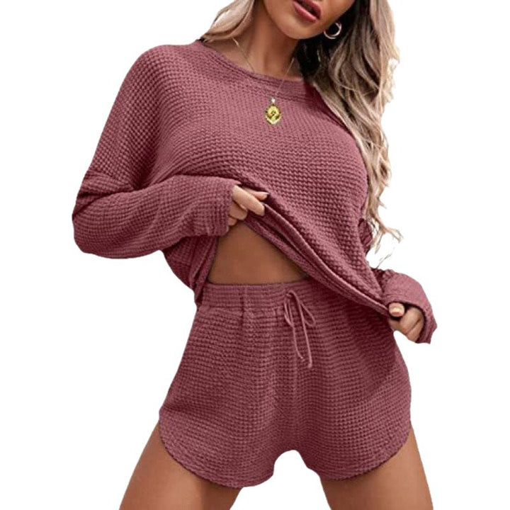Damen lässiges Waffelstrick-Outfit mit komfortablem Crop-Oberteil und Shorts Drune