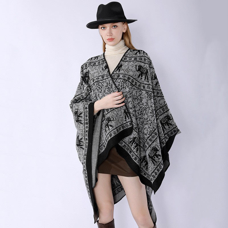 Damen Capeponcho im Wickelstil mit ornamentaler Jacquardstruktur und offenem Kimono-Fall Drune