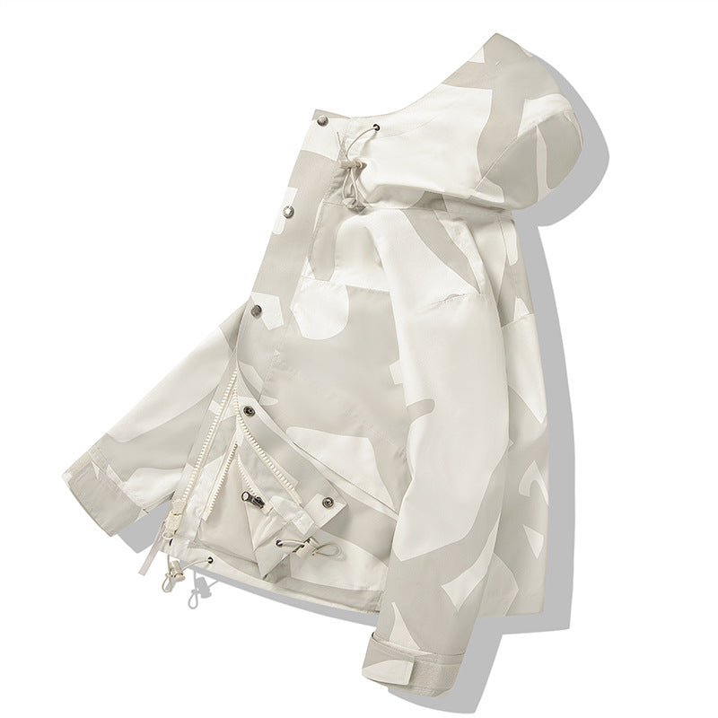 Damen Modische Übergangsjacke mit Kapuze und einzigartigem Print Drune