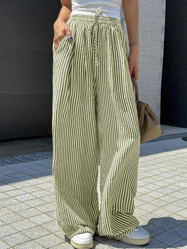 Damen Marlene-Streifenhose aus Leinenmix mit weitem Bein, Elastikbund und Kordelzug Drune
