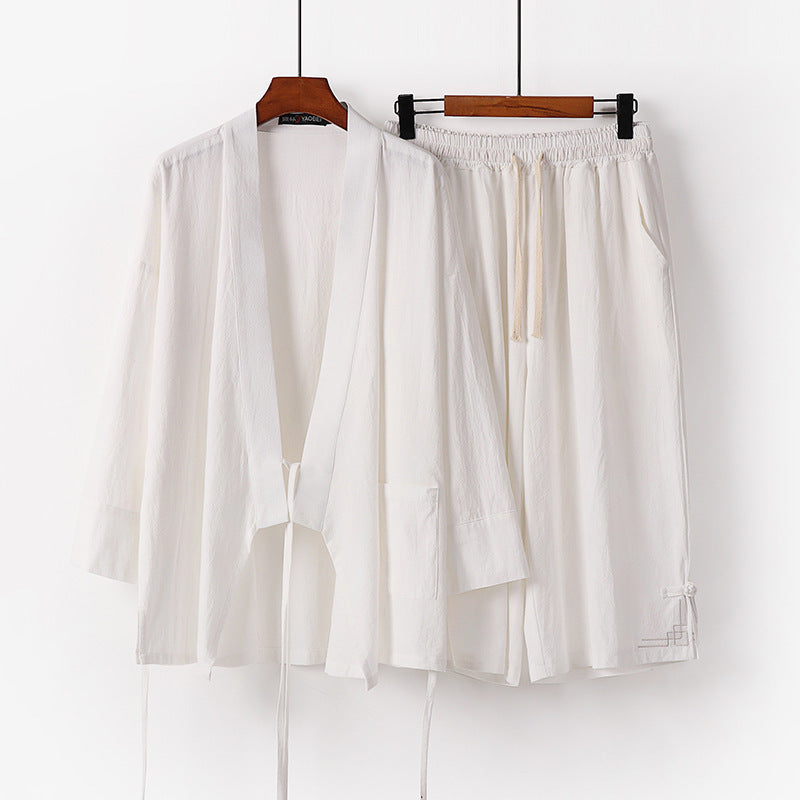 Damen Zen-Kimono-Lounge-Set aus atmungsaktivem Baumwollmix mit Bindebandjacke und weiten Culotte-Hose Drune
