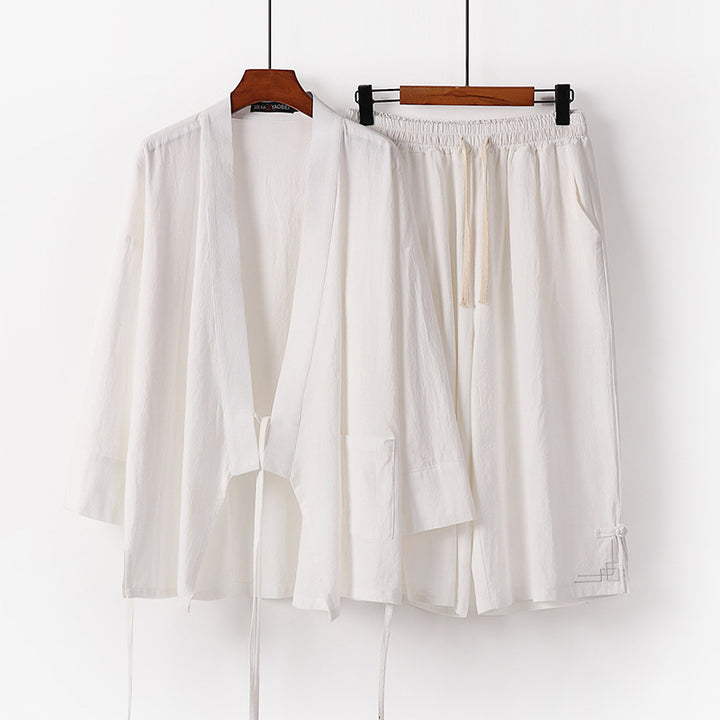 Damen Zen-Kimono-Lounge-Set aus atmungsaktivem Baumwollmix mit Bindebandjacke und weiten Culotte-Hose Drune