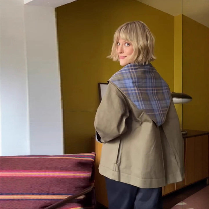 Damen modische Übergangsjacke mit Multi-Check-Muster und Stickdetails Drune