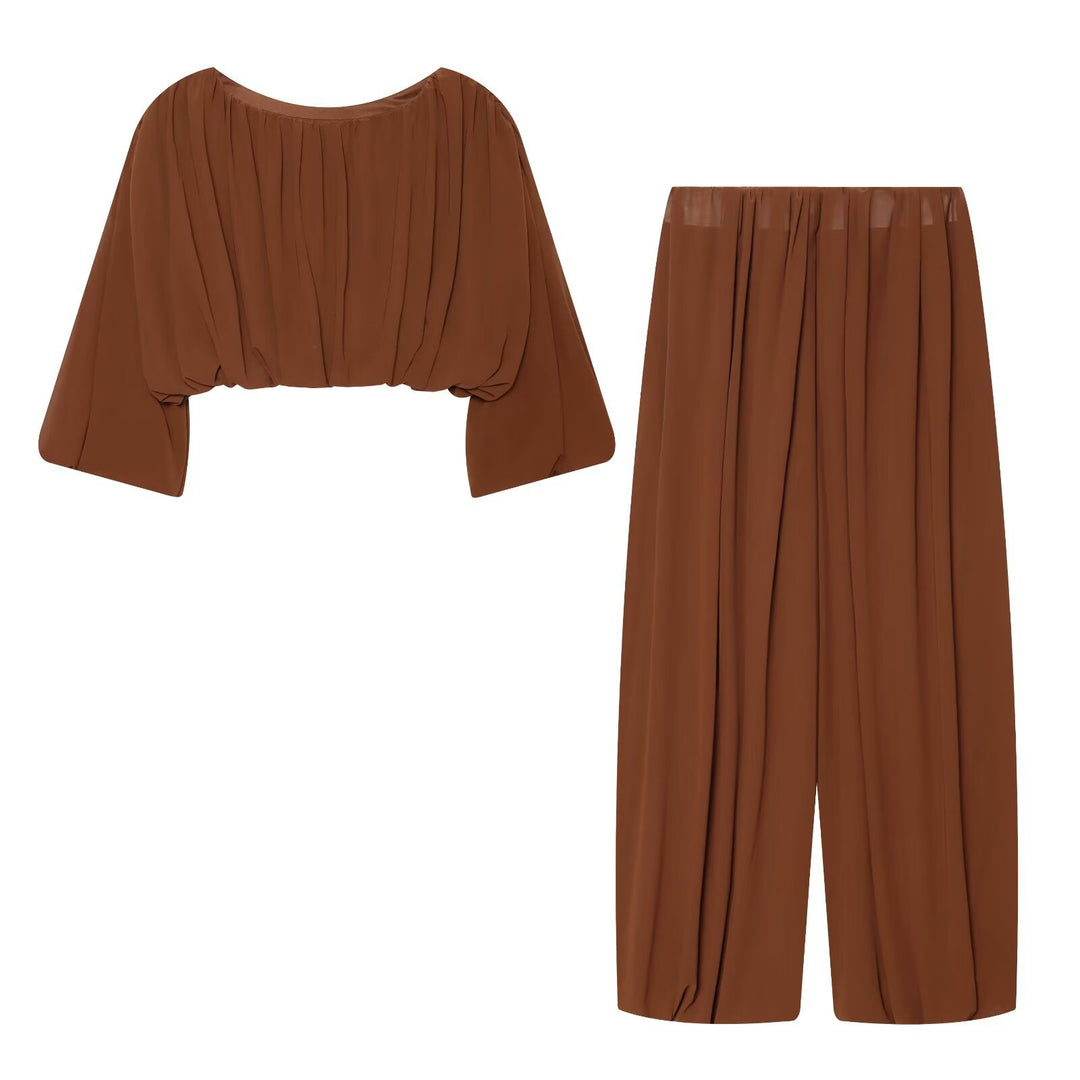 Damen Luftige Chiffon-Kurzbluse mit Drapierung und Ballonärmeln Drune