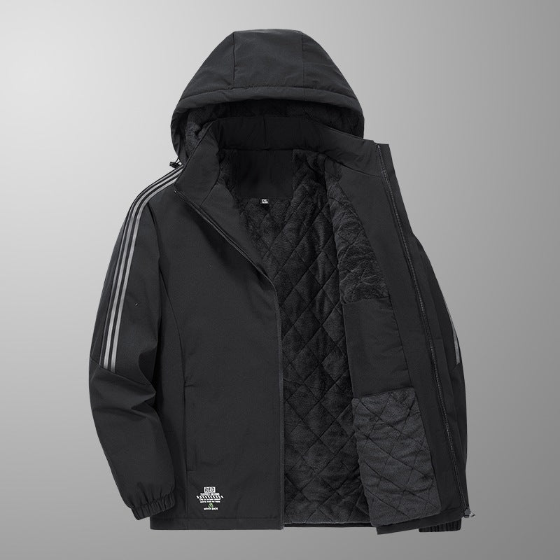 Herren Wattierte Kapuzen-Übergangsjacke mit gesteppter Teddy-Innenfütterung und markanten Ärmellängsstreifen Drune