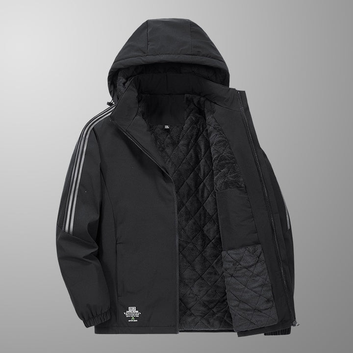 Herren Wattierte Kapuzen-Übergangsjacke mit gesteppter Teddy-Innenfütterung und markanten Ärmellängsstreifen Drune