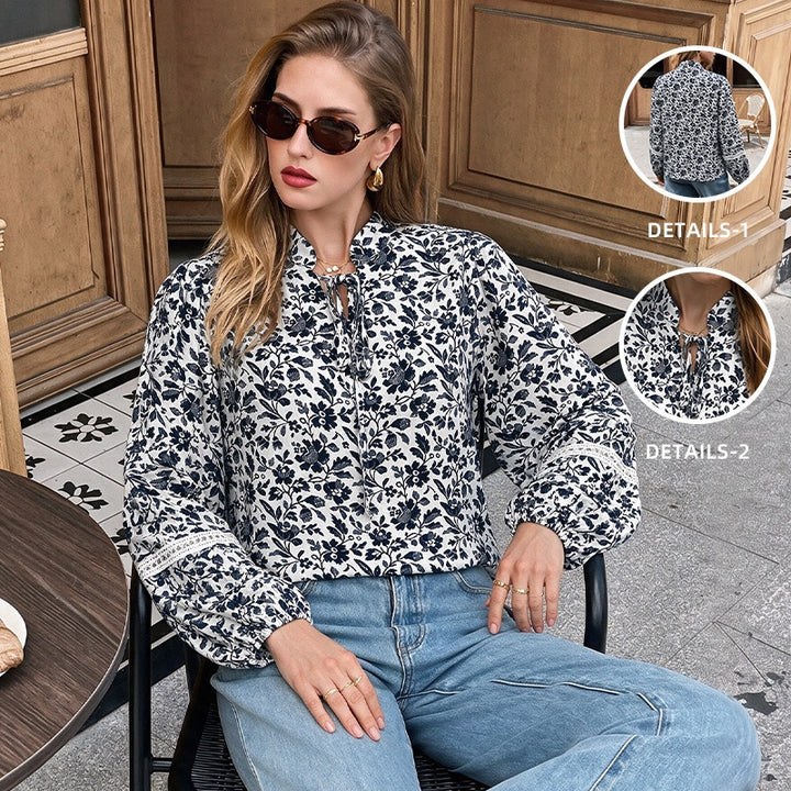 Damen Bluse mit floralem Muster und langen Puffärmeln Drune