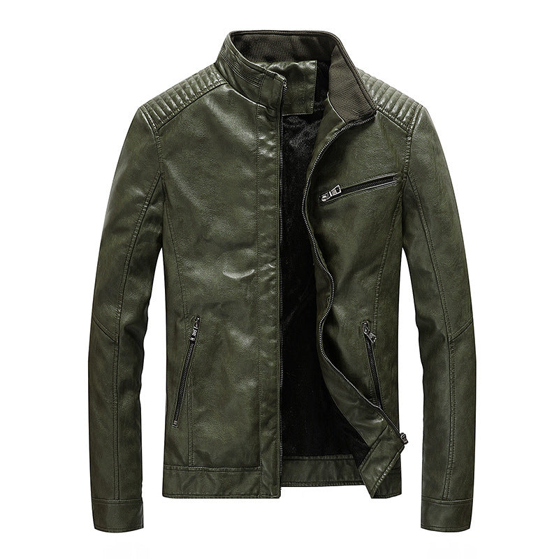Herren Kunstleder-Motojacke mit Stehkragen, Schultersteppungen und Reißverschlusstaschen Drune