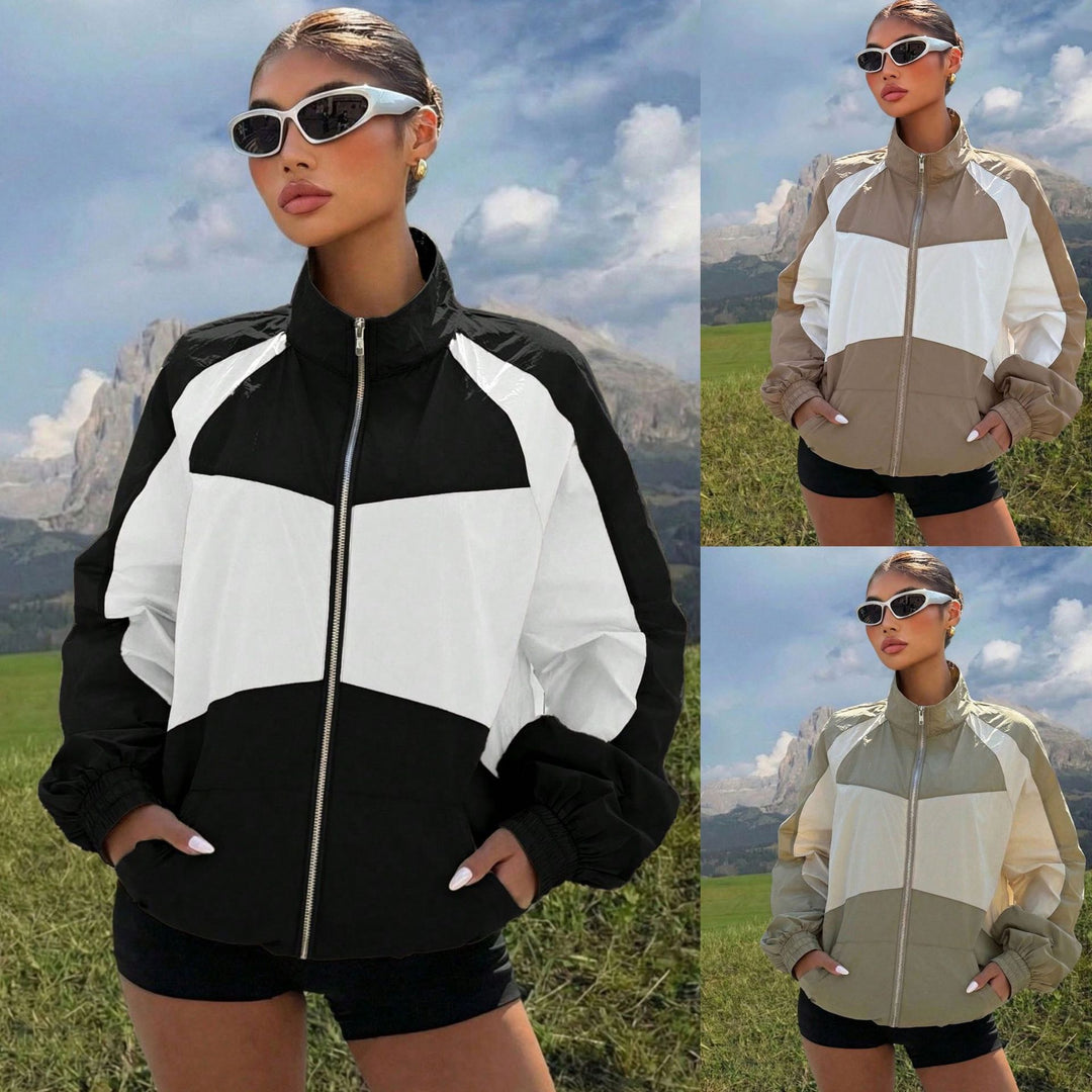 Damen Leichte Windbreaker-Jacke mit Stehkragen, Farbblock-Design und elastischen Bündchen Drune
