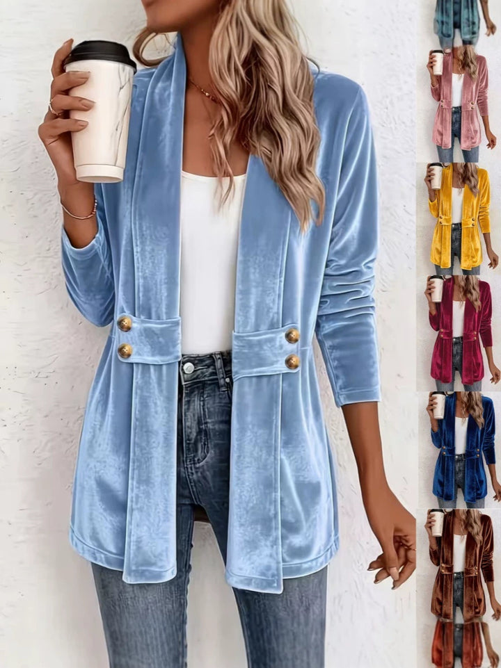 Damen Samt-Longblazer mit Schalkragen und dekorativen Knopfriemen Drune