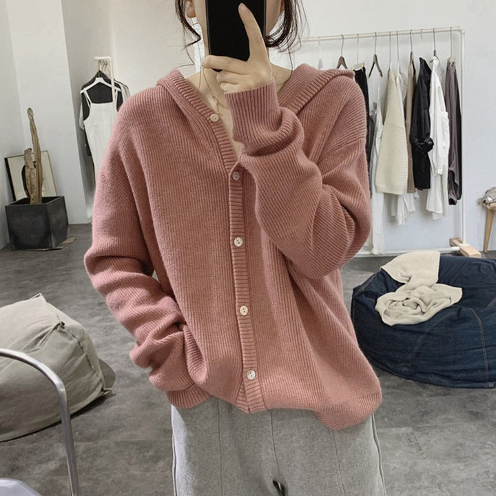 Damen lässiger Strickcardigan mit tiefem V-Ausschnitt und großen Knopfdetails Drune