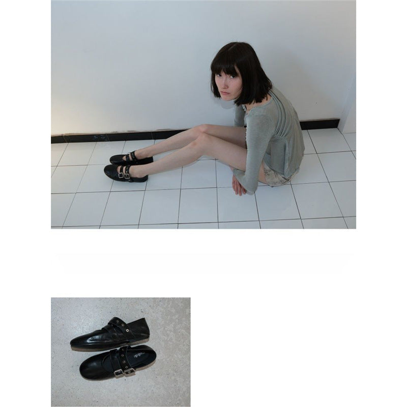 Damen Flache Mary‑Jane Slipper mit Doppelriemen, Metallösen und Dornschließen Drune
