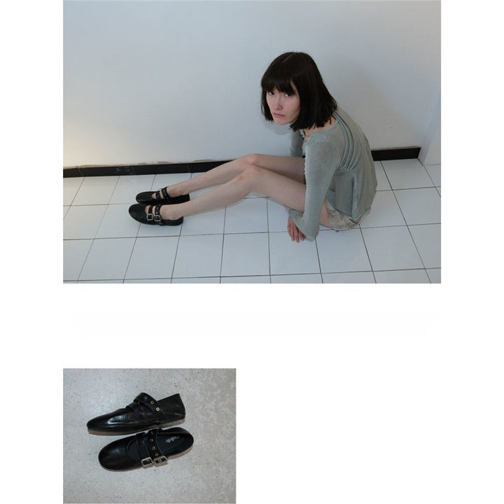 Damen Flache Mary‑Jane Slipper mit Doppelriemen, Metallösen und Dornschließen Drune