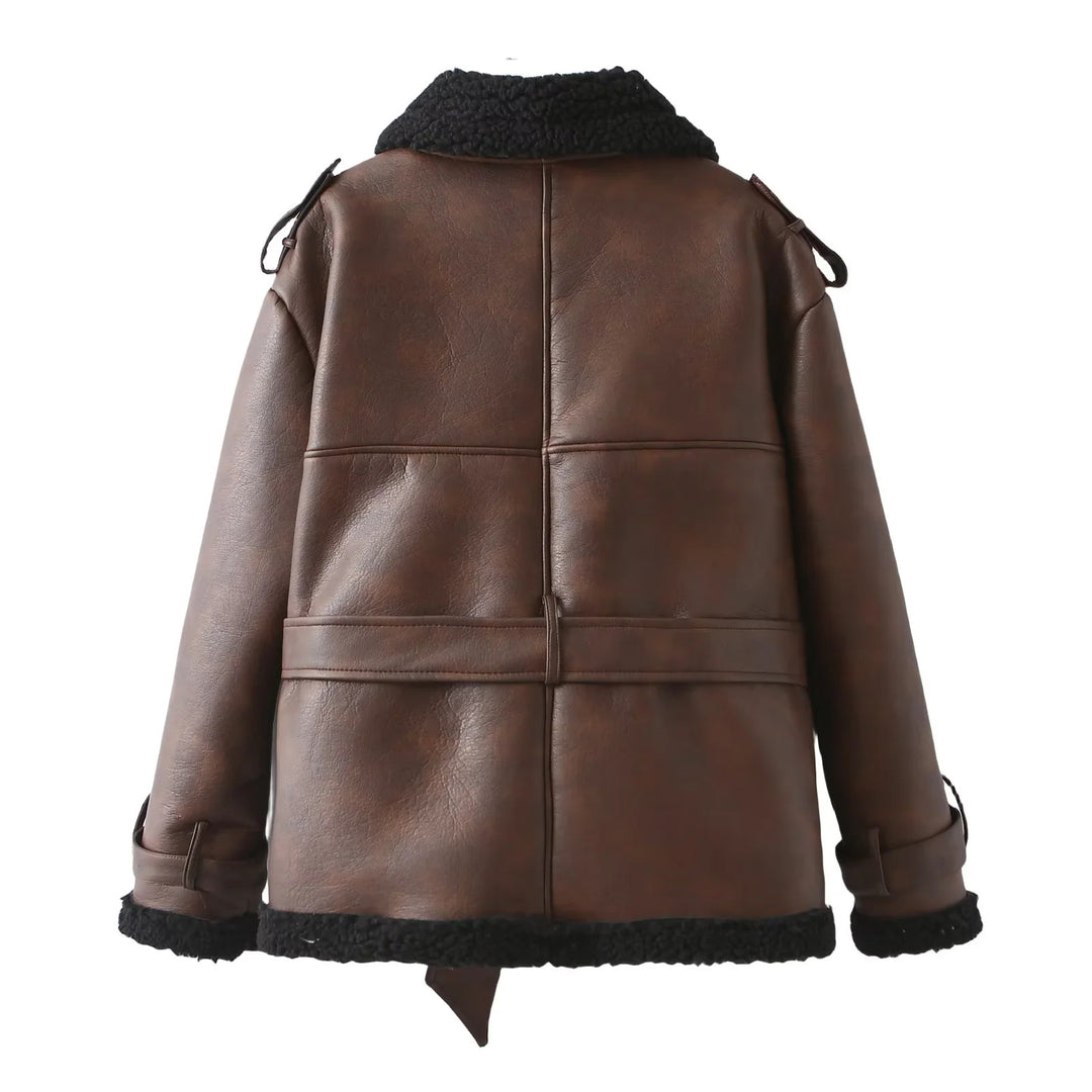 Damen nan taillierte Lammfellimitat‑Fliegerjacke mit Bindegürtel, Teddykragen und verstellbaren Manschetten Drune