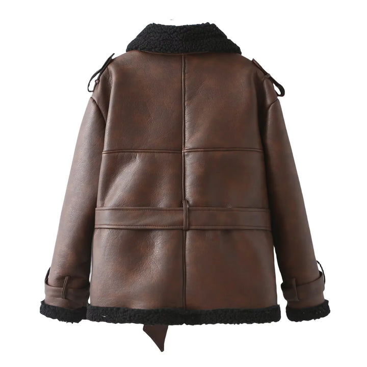 Damen nan taillierte Lammfellimitat‑Fliegerjacke mit Bindegürtel, Teddykragen und verstellbaren Manschetten Drune