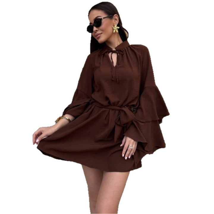 Damen lässiges Kleid mit voluminösen Ärmeln und Taillengürtel Drune