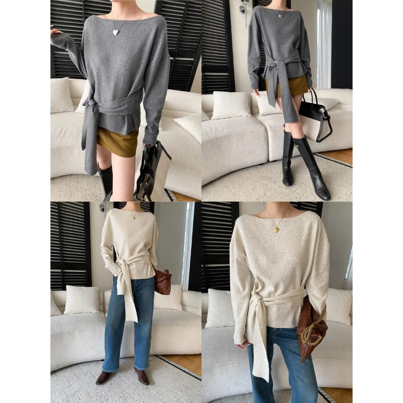 Damen eleganter Wollpullover mit modischem Bindegürtel Drune