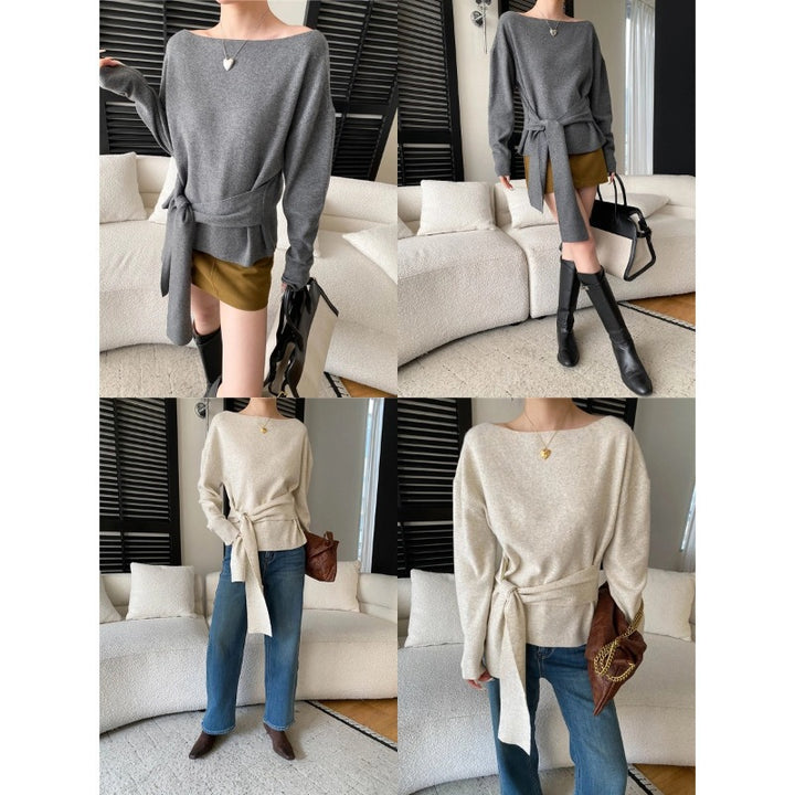 Damen eleganter Wollpullover mit modischem Bindegürtel Drune