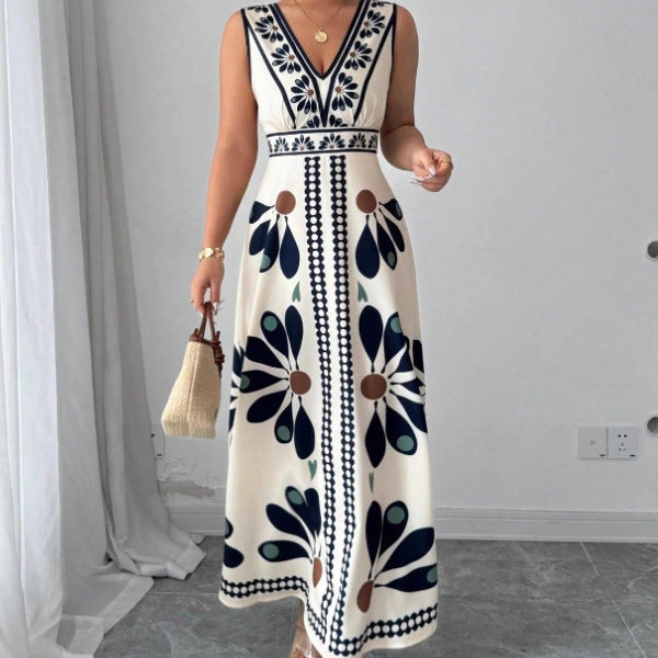Damen Maxikleid mit voluminösem Blumenmuster und tiefem V-Ausschnitt Drune