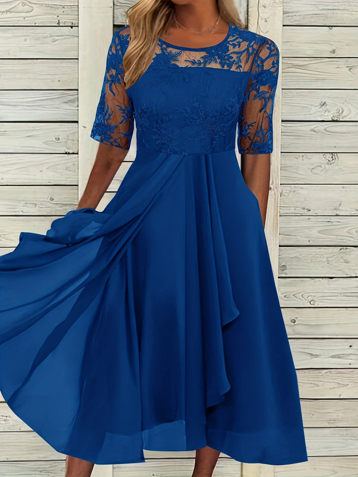Damen Elegantes Midikleid mit Spitzenärmeln und schwingendem Rock Drune