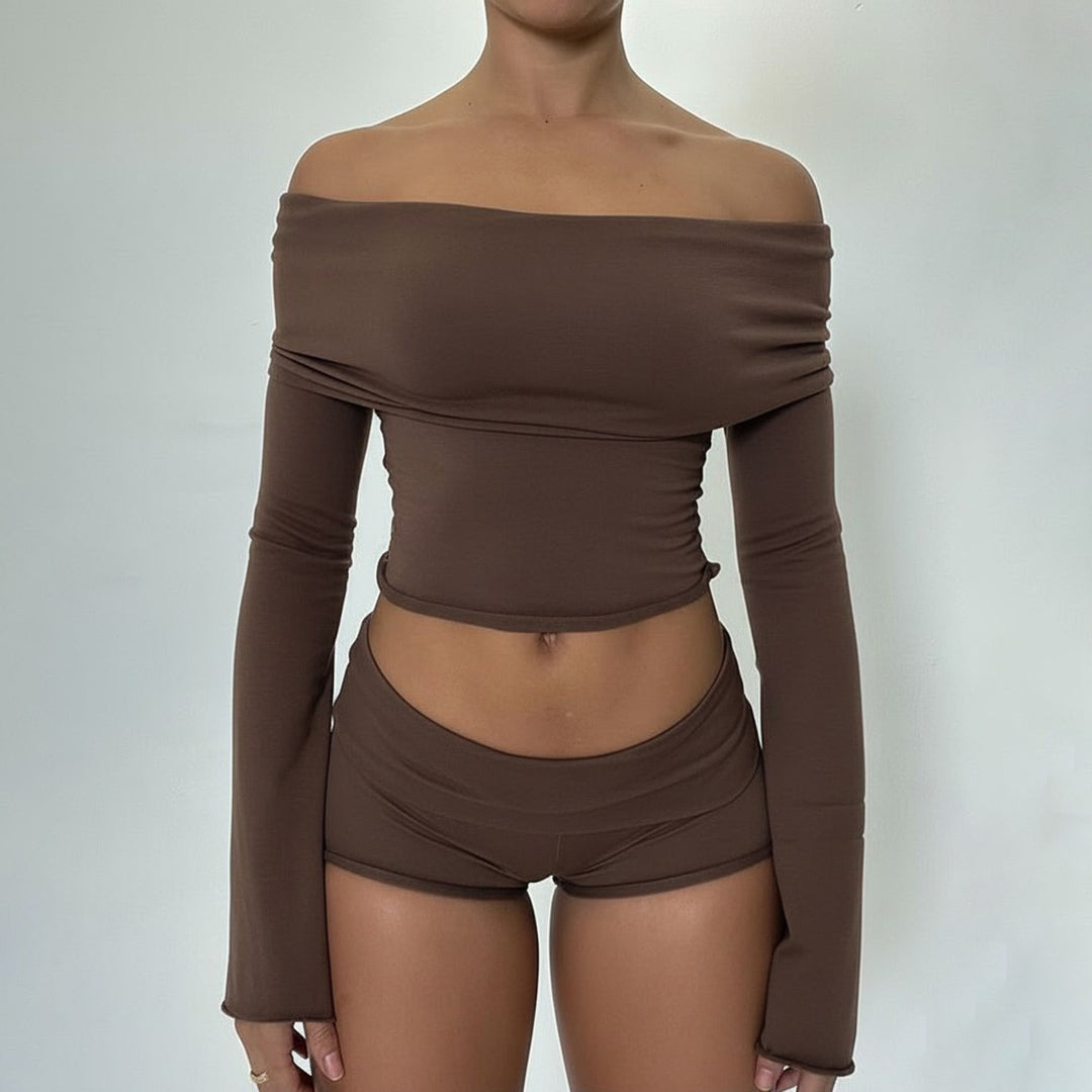Damen nan Off-Shoulder Lounge-Set mit Langarm-Croptop und Highwaist-Shorts aus Stretchjersey Drune
