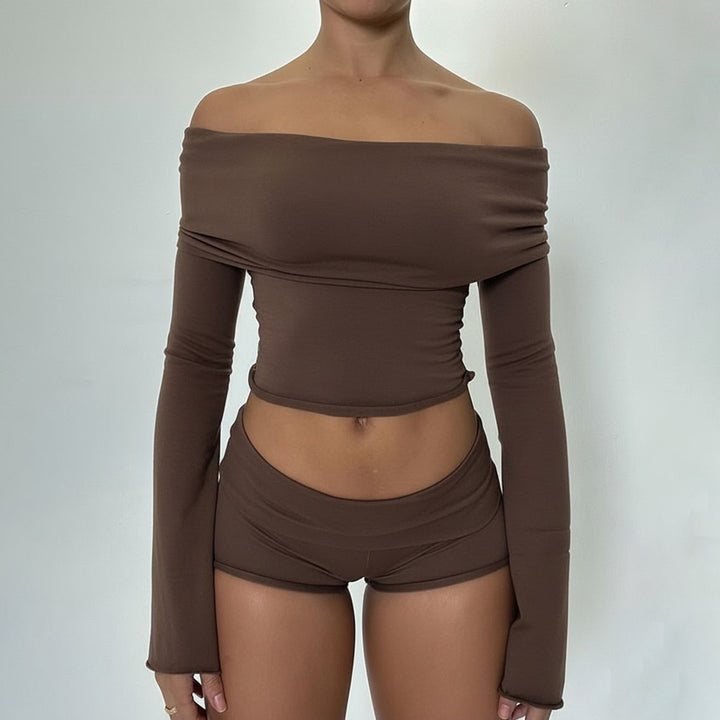 Damen nan Off-Shoulder Lounge-Set mit Langarm-Croptop und Highwaist-Shorts aus Stretchjersey Drune