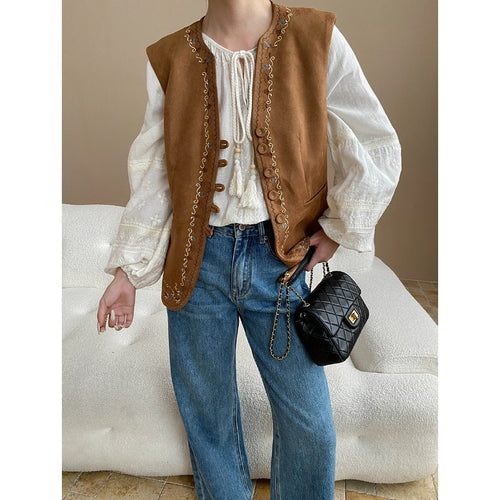 Damen elegante Wildlederweste mit kunstvollen Stickereien Drune