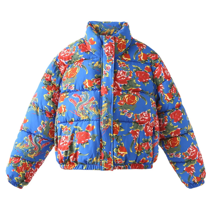 Damen nan gesteppte Daunenoptik Steppjacke mit floralem Alloverprint, Stehkragen und elastischem Saum Drune