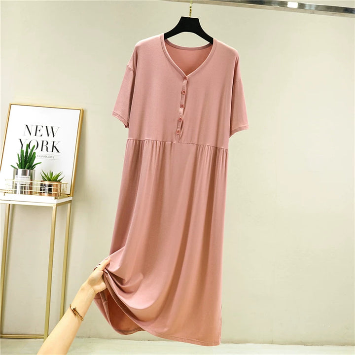 Modal-Kurzarmkleid mit Knopfleiste für Damen, lockere Passform und figurschmeichelnde Wirkung Drune