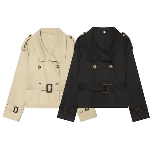 Damen Kurzer Boxy-Trench mit Doppelreiher, Taillengürtel und Schulterklappen Drune