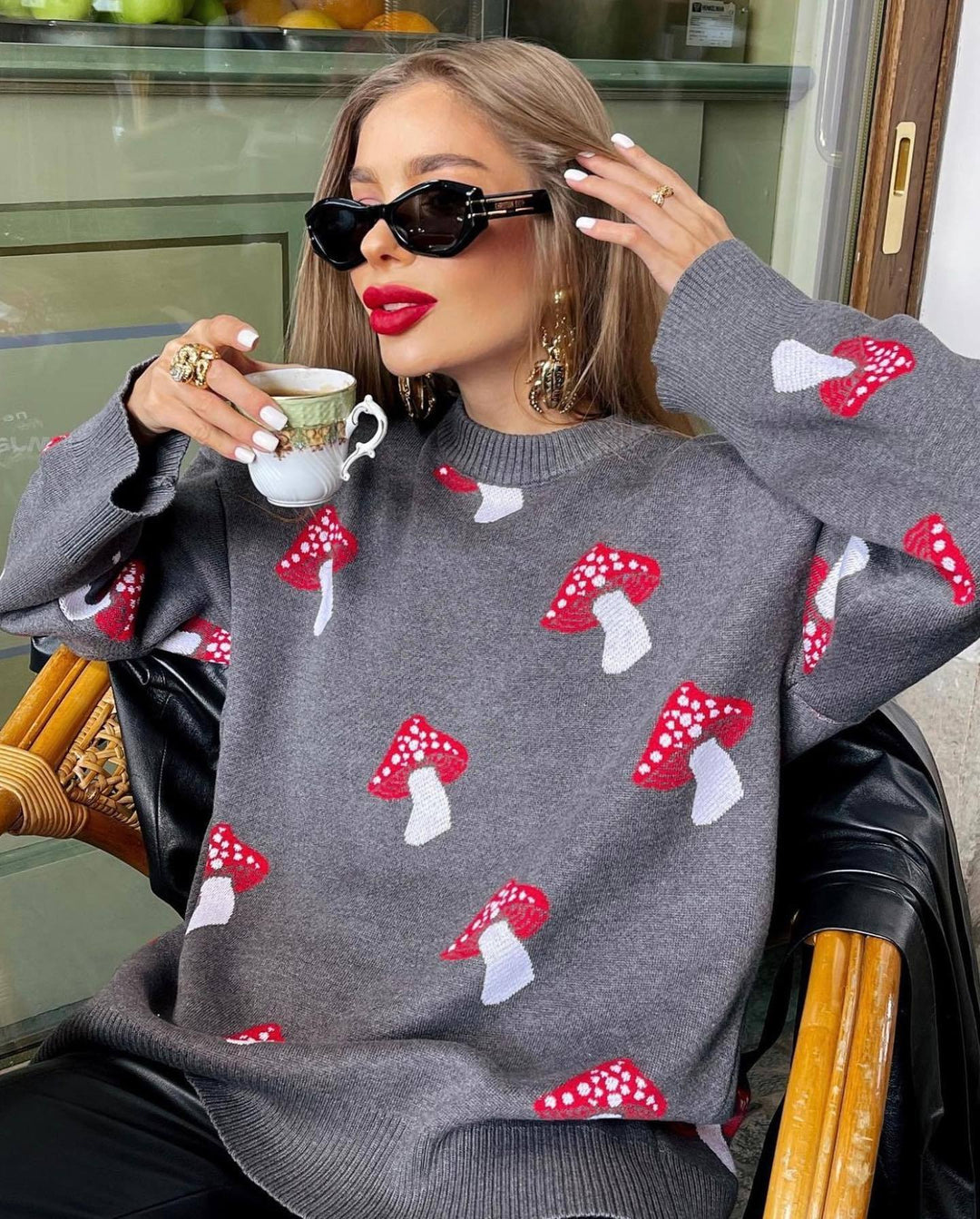 Damen weiter Strickpullover mit Pilzmotiv Rundhals Rippbündchen Drune