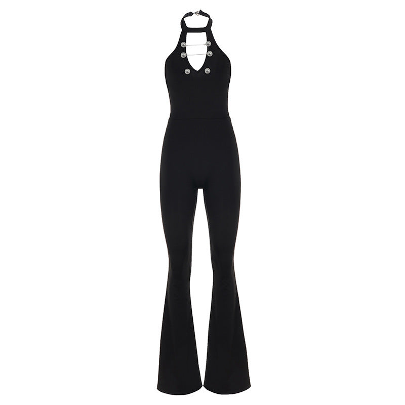 Damen Fließender Jumpsuit mit hochgeschlossenem Ausschnitt und dekorativen Knöpfen Drune