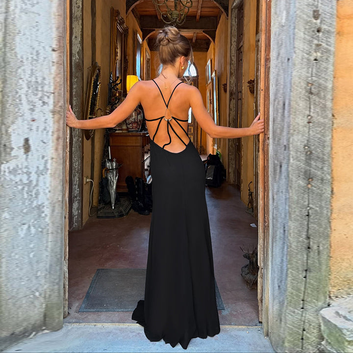 Damen elegantes Maxikleid mit v-förmigem Ausschnitt und feinen Trägern Drune