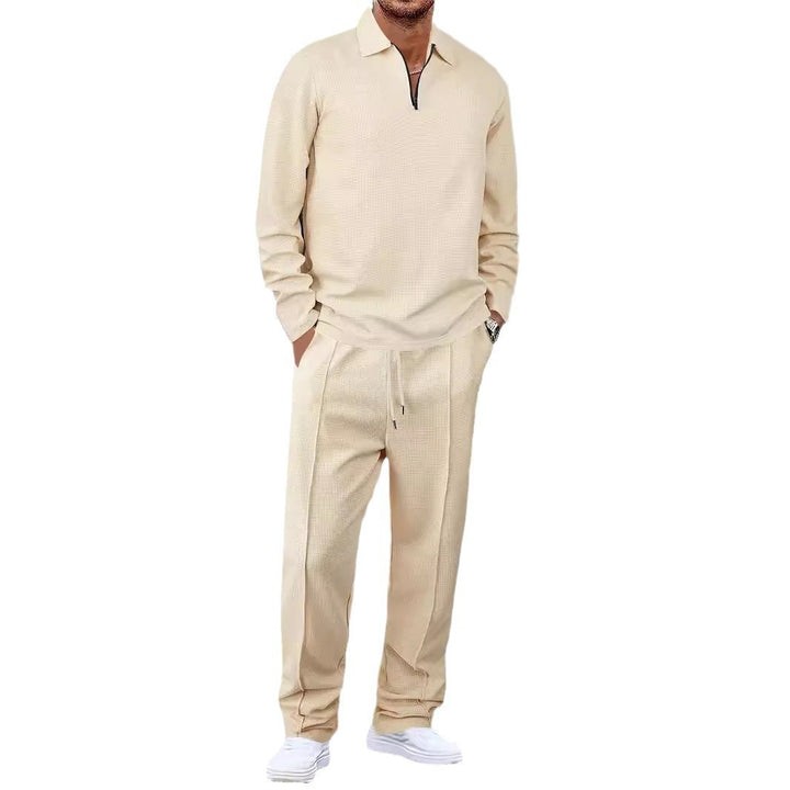 Unisex nan Waffelstruktur Freizeit-Set mit Halbzip-Poloshirt und elastischer Bundhose Drune