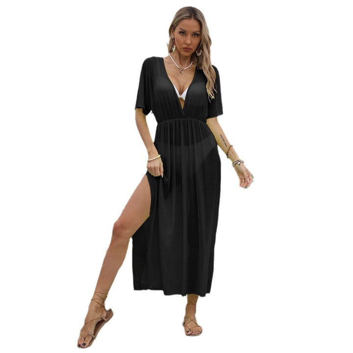 Damen elegantes Maxi-Kleid mit tiefem V-Ausschnitt und fließendem Rock Drune