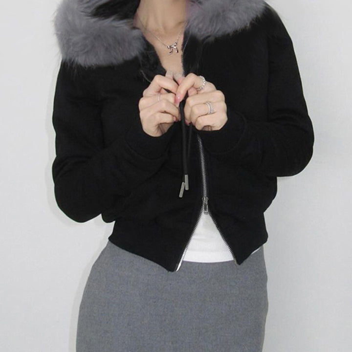 Damen Zip-Up Sport Hoodie mit Kunstfellbesatz Drune
