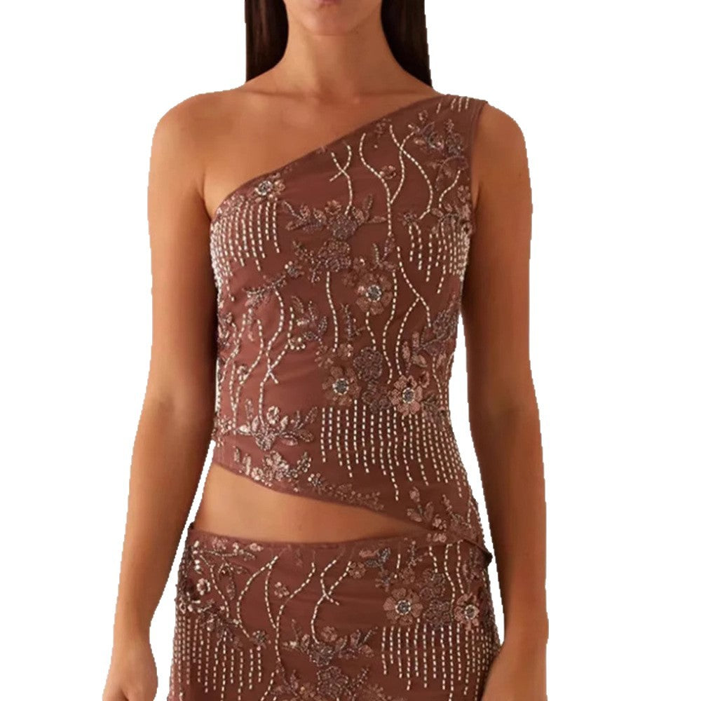 Damen asymmetrisches Oberteil mit floralem Strassdesign Drune