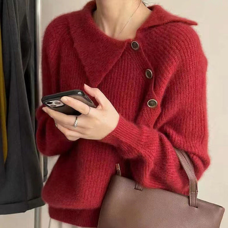 Damen Strickpullover mit besonderem Kragen und Knopfdetails Drune
