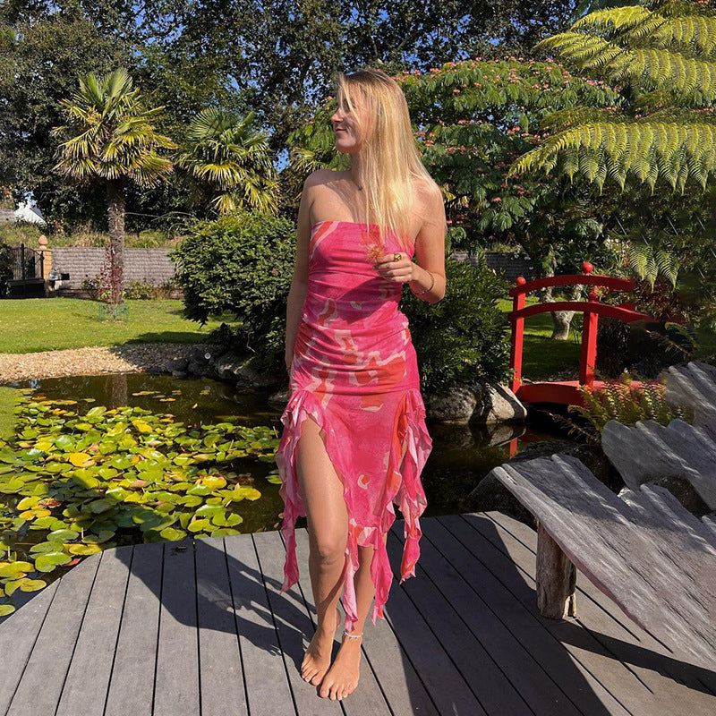 Damen elegantes Rüschenkleid mit trägerlosem Oberteil und asymmetrischem Saum Drune